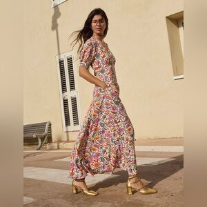 Boden Rosie Godet Floral Print Tea Dress Multicolor Short Sleeve Midi NWT